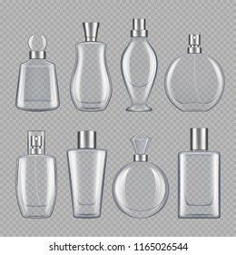 Perfumes for male and female. Various bottles of perfume. Bottle glass container for perfume, various fragrance collection illustration