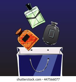 Perfumes for men are falling into the shopping bag. Different shapes of bottles. Vector illustration. Products for men.