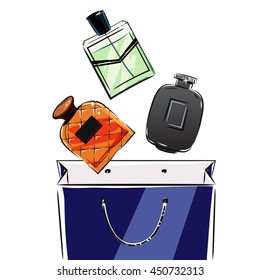 Perfumes for men are falling into the shopping bag. 