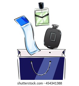 Perfumes for men are falling into the shopping bag. 
