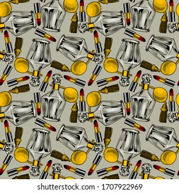 Perfumes on a white background. Seamless pattern. Vintage color engraving stylized drawing. Vector illustration