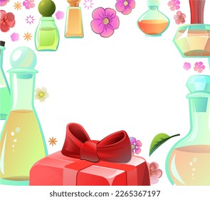 Perfumes and scents objects with space for text. Fragrant aromatic liquid in glass container. Fragrance for women and men. Isolated on white background. Vector.