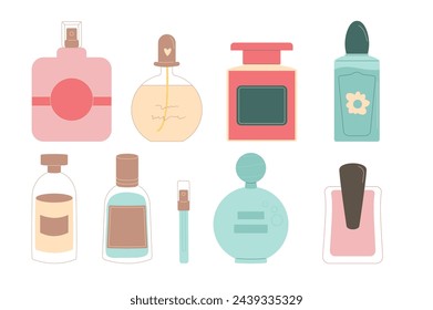 Perfumes set. Creative aroma bottle isolated on white background. Fragrance fashion. Vector flat illustration.