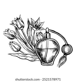Perfumes e tulipas. Frasco de perfume vintage feito de vidro transparente com um frasco de spray. Gráficos de vetor preto e branco feitos à mão. Cheiro de flores da primavera. Ilustração em um fundo branco.