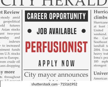 Perfusionist Medical Career - Job Classified Ad Vector In Fake Newspaper.