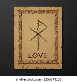 Pergament old grunge paper texture with abstract Scandinavian bind rune with wooden branches and leaves. Viking runes rectangle frame and text for meaning Love