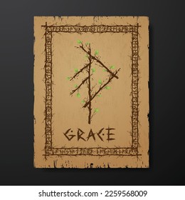 Pergament old grunge paper texture with abstract Scandinavian bind rune with wooden branches and leaves. Viking runes rectangle frame and text for meaning grace