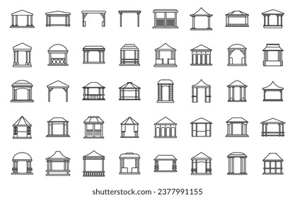 Pergola icons set outline vector. Gazebo park. Wooden alcove patio