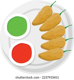 Peri peri bites concept, green chillies filled with minced chicken vector icon design, Fast Food symbol, Junk food sign, popular inexpensive good taste snacks stock illustration 