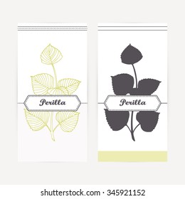 Perilla seasoning. Hand drawn branch with leaves in outline and silhouette style. Spicy herbs retro labels collection for food packaging or kitchen design. Vector illustration