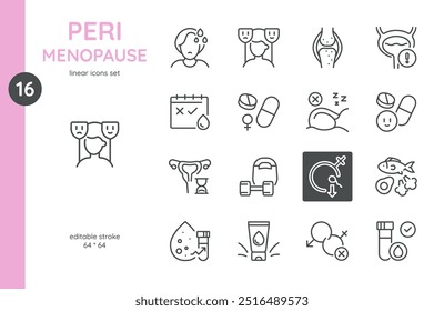 Symbole für Perimenopausen. Lineare Illustrationen, die Symptome und Behandlungen während der Perimenopause darstellen, einschließlich Stimmungsschwankungen, Hitzewallungen, unregelmäßige Perioden, Hormontherapie.