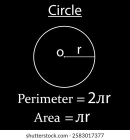 Perimeter and area of a circle in math. shapes in geometry. Vector illustration.