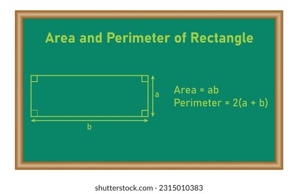 Perimeter and area of rectangle formula. Mathematics resources for teachers and students. Vector illustration isolated on chalkboard.