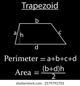 Perimeter and area of a Trapezoid in math. shapes in geometry. Vector illustration.