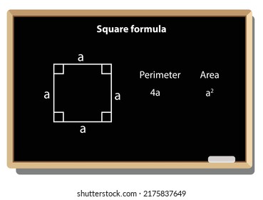 The perimeter of the given square is a+a+a+a = 4a units. Hence, the formula of the perimeter of a square = 4 × length of any one side. Geometric figures on black school board vector background. 