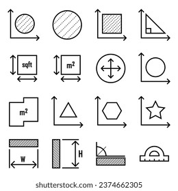 Perimeter measure concept. Dimension, area . Square, perimeter, distance and diameter icons. Geometric symbols collection. Vector set of linear geometry icons.