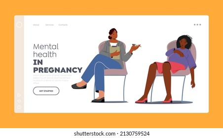 Perinatal Class Landing Page Template. Coach and Anxious or Tired Pregnant Female Character Discussing Maternity Issues. Psychological Support for Pregnant Woman. Cartoon People Vector Illustration