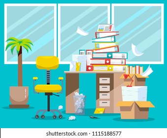 Period of accountants and financier reports submission. Pile of paper documents and file folders in cardboard boxes on office table. Flat vector illustration windows, chair and waste-basket