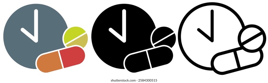 period of action of the medicine icon, clock and pills, time to take a pill, simple flat style, illustration, logo sign symbol pictogram template, for ui or ux isolated on white for mobile app