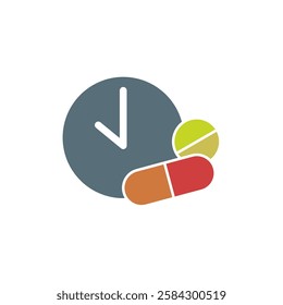 period of action of the medicine icon, clock and pills, time to take a pill, simple flat style, illustration, logo sign symbol pictogram template, for ui or ux isolated on white for mobile app