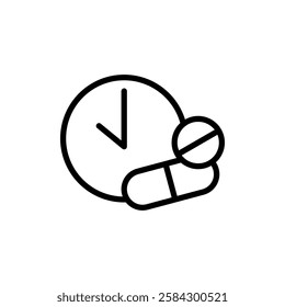 period of action of the medicine icon, clock and pills, time to take a pill, simple flat style, illustration, logo sign symbol pictogram template, for ui or ux isolated on white for mobile app