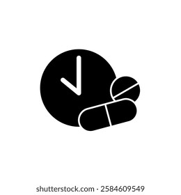 period of action of the medicine icon, clock and pills, time to take a pill, simple flat style, illustration, logo sign symbol pictogram template, for ui or ux isolated on white for mobile app