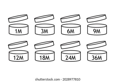 Period after open icons collection. Isolated pao symbol on white background. Expire date from 1 to 48 month. Freshness label pictogram. Cosmetic product expiration.