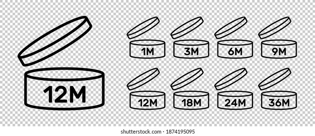 Period after open icons isolated on transparent background. PAO symbols. Round box with cap opened. Expiration period in months signs for cosmetic packaging. Vector illustration