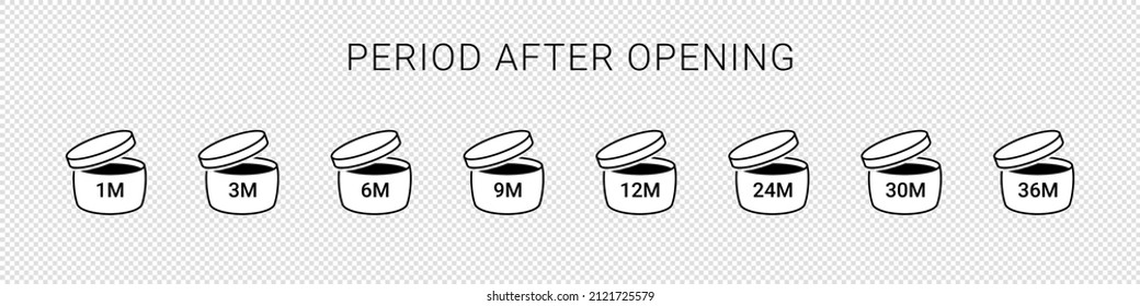 Period after open icons isolated on transparent background. PAO symbols. Round box with cap opened. Expiration period in months signs for cosmetic packaging. Vector illustration.