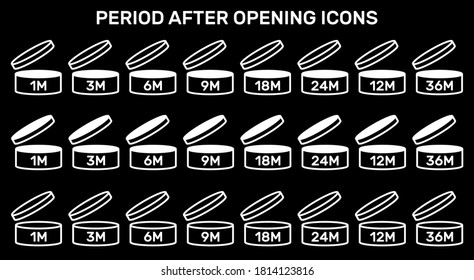 Period after open icons set. PAO symbols. Round box with cap opened. Expiration period in months signs for cosmetic packaging on transparent background.