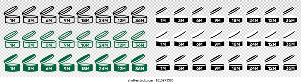 Periodo tras el conjunto de iconos abiertos. Símbolos de PAO. Casilla redonda con tapa abierta. Período de vencimiento en meses de signos de envasado cosmético con fondo transparente.