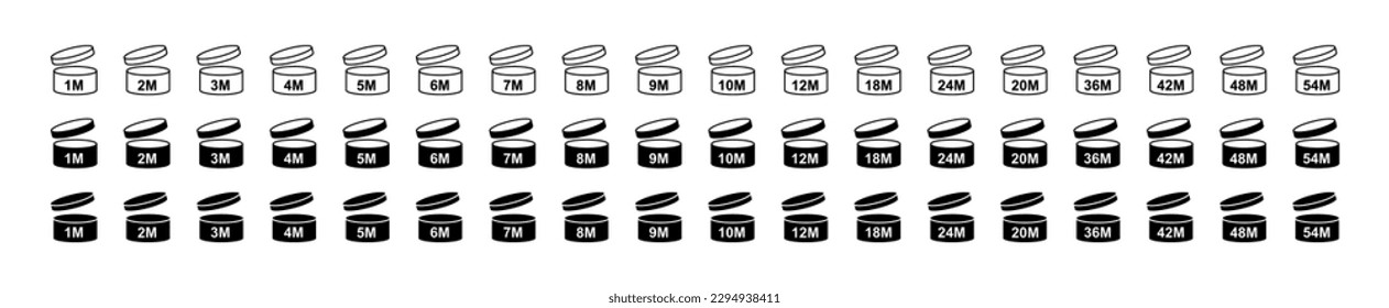 Period after open icons set. PAO symbols. Round box with cap opened. Expiration period in months signs for cosmetic packaging on transparent background. Vector 10 eps. svg