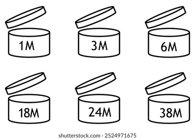 Period after opening. Expiration period in months for cosmetic packaging. Expiry labels icon. Vector illustration isolated on white background.