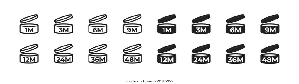 Period after opening icon .PAO symbols. 
Cosmetic open shelf life month.Pao signs.
Vector illustration