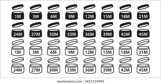 Period after opening icon set. Period after opened symbols expiration date packaging symbols. Vector stock illustration. Cosmetic PAO sign. Cosmetic cream expiration after open month periodic.