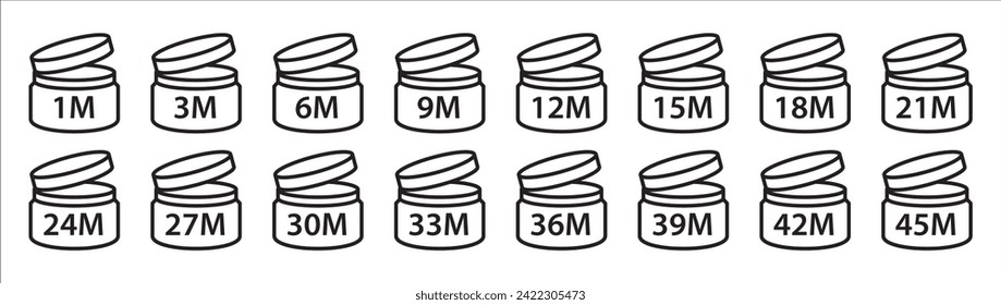 Period after opening icon set. Period after opened symbols expiration date packaging symbols. Vector stock illustration. Cosmetic PAO sign. Cosmetic cream expiration after open month periodic.