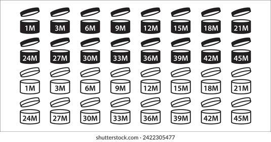 Period after opening icon set. Period after opened symbols expiration date packaging symbols. Vector stock illustration. Cosmetic PAO sign. Cosmetic cream expiration after open month periodic.