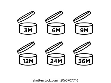 Period after opening (PAO). The expiration date (in months) icon of cosmetics and household chemicals after opening the container. Cylindrical open container in black. Isolated vector pictogram.