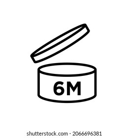 Period after opening (PAO). The expiration date (in months) icon of cosmetics and household chemicals after opening the container. Cylindrical open container in black. Isolated vector pictogram.