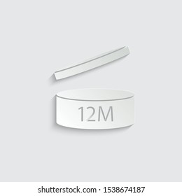 Period after opening PAO symbol 12M icon.The useful lifetime of cosmetics after the package is opened symbol. Best before date icon. Number of months.  paper icon  with shadow  