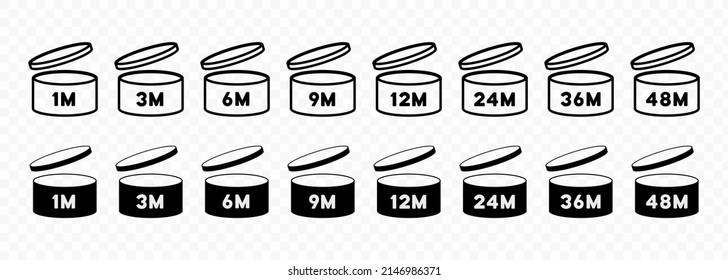 Zeitraum nach dem Öffnen des PAO-Symbols. Nützliche Lebensdauer von Kosmetika nach dem Öffnen der Verpackung Zeichen. Anzahl Monate, die am besten vor dem Datum. Vektorgrafik EPS10.