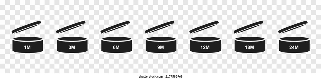 Period after opening. PAO vector icons set on transparent background. The period after opening the package. The shelf life of the product after opening the package. Vector illustration.