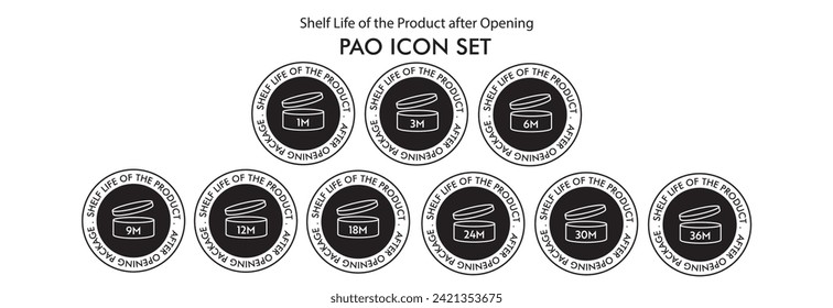 Period After opening use icons. PAO icons Expiration date 1-36 months of product signs symbols. Shelf life of grocery item. Design elements. Vector