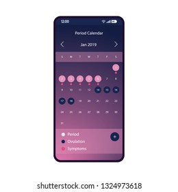 Period calendar smartphone interface vector template. Female mobile utility app purple design layout. Menstrual cycle tracker flat gradient UI. Menstruation reminder phone application display