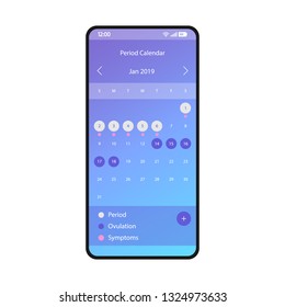 Period calendar smartphone interface vector template. Woman’s mobile utility app blue design layout. Menstrual cycle, ovulation tracker flat gradient UI. Menstruation reminder phone application