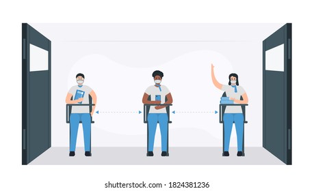 In period of coronovirus, students have to keep their distance from other people. New normal. Isolated vector is in flat style. Minimal design is in blue monochromatic color.