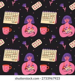 Periode Zyklus Kalender Vektor nahtloses Muster. Sammlung von niedlichen groovigen funky Cartoon Illustration der Menstruation Zyklus Tracker, Frau Gesundheit, orale Verhütungspillen