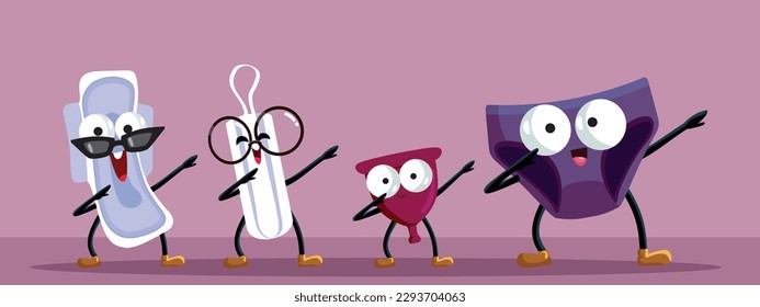 
Period Hygiene Products Dancing and Dabbing Vector Cartoon Style Illustration. Pad, tampon, menstrual cup and panties celebrating carefree 
