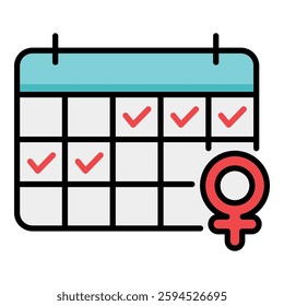 Period log calendar color icon with editable stroke, symbolizing menstrual tracking, health awareness, cycle monitoring, or reproductive wellness.