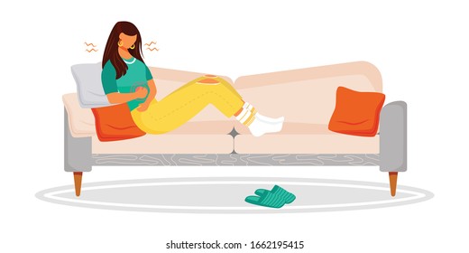 Period pain flat color vector faceless character. Woman suffering stomach ache. Cramp from menstruation. Girl with period on sofa. Symptoms of disease isolated cartoon illustration